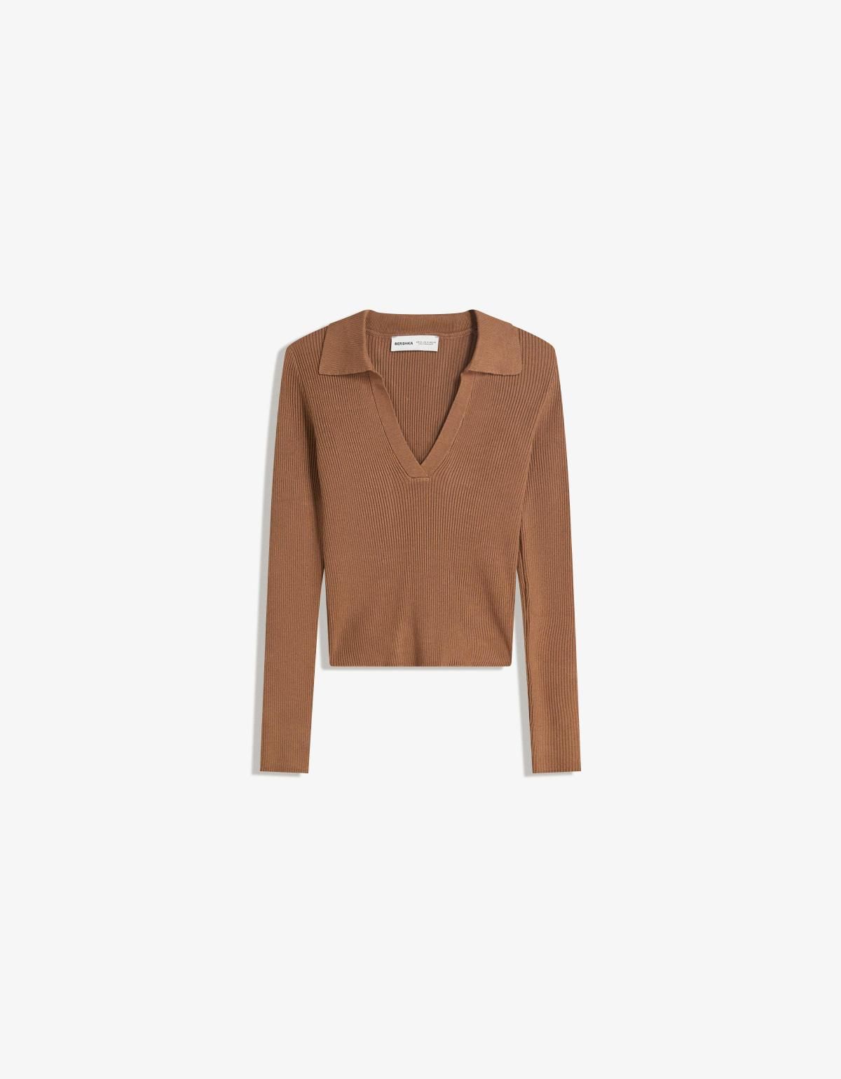 버쉬카 리브드 브이넥 폴로카라 니트 스웨터 7106/653 BROWN - 상품 이미지