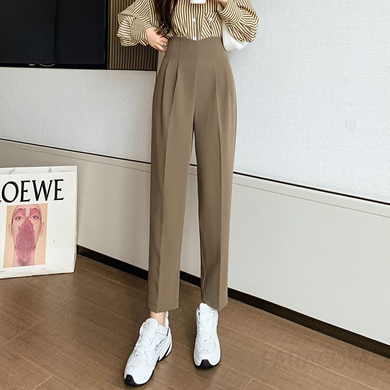 여성 하이웨스트 캐주얼 팬츠 스트레이트 슬랙스 봄 여름용 편안한 착용감 데일리룩 시가렛핏 트렌디한 스타일링 9부 바지 - 상세 이미지 2