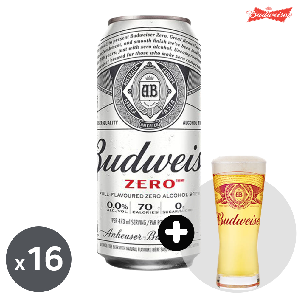 버드와이저0.0 제로 500ml 16캔+전용잔 1개 무알콜 맥주맛 논알콜 음료 비알콜 - 상품 이미지