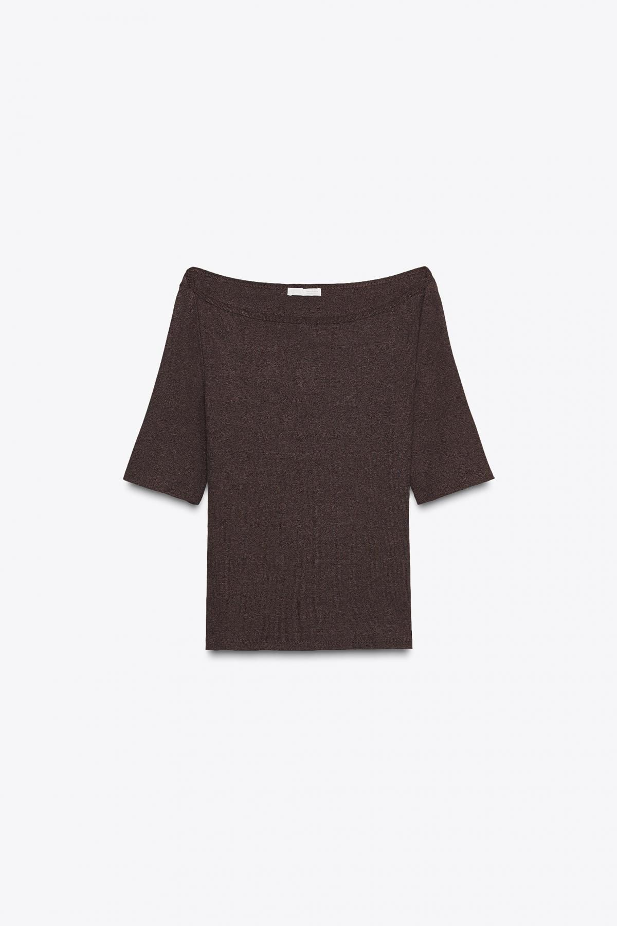 자라 슬림핏 보트넥 5부 티셔츠 5070/627 DARK BROWN - 상품 이미지