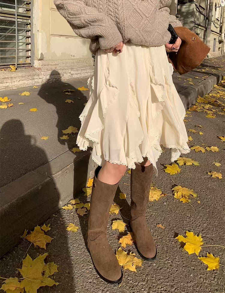 라일리 프릴 셔링 언발 미디 스커트