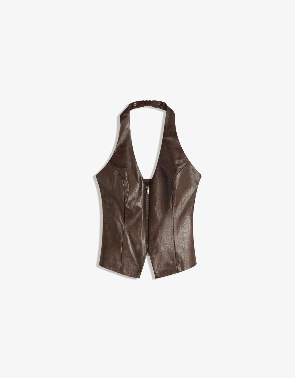 버쉬카 레더 이펙트 홀터넥 집업 민소매 탑 8812/710 BROWN - 상품 이미지