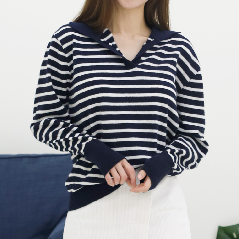오픈카라 브이넥 스트라이프 니트티셔츠 단가라 루즈핏 미니멀 제품 이미지