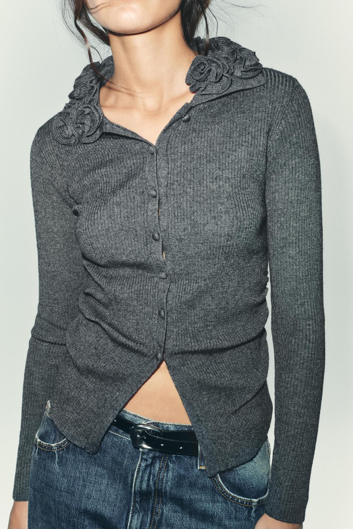 자라 플라워 울블렌드 테크니컬 가디건 9598/180 ANTHRACITE GREY - 상세 이미지 3