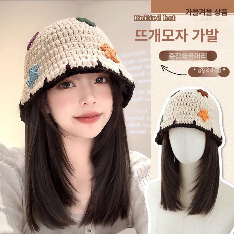 가발달린비니 가발니트모자 여성용 가을 겨울 검정브라운 발망 포함 - 상세 이미지 2
