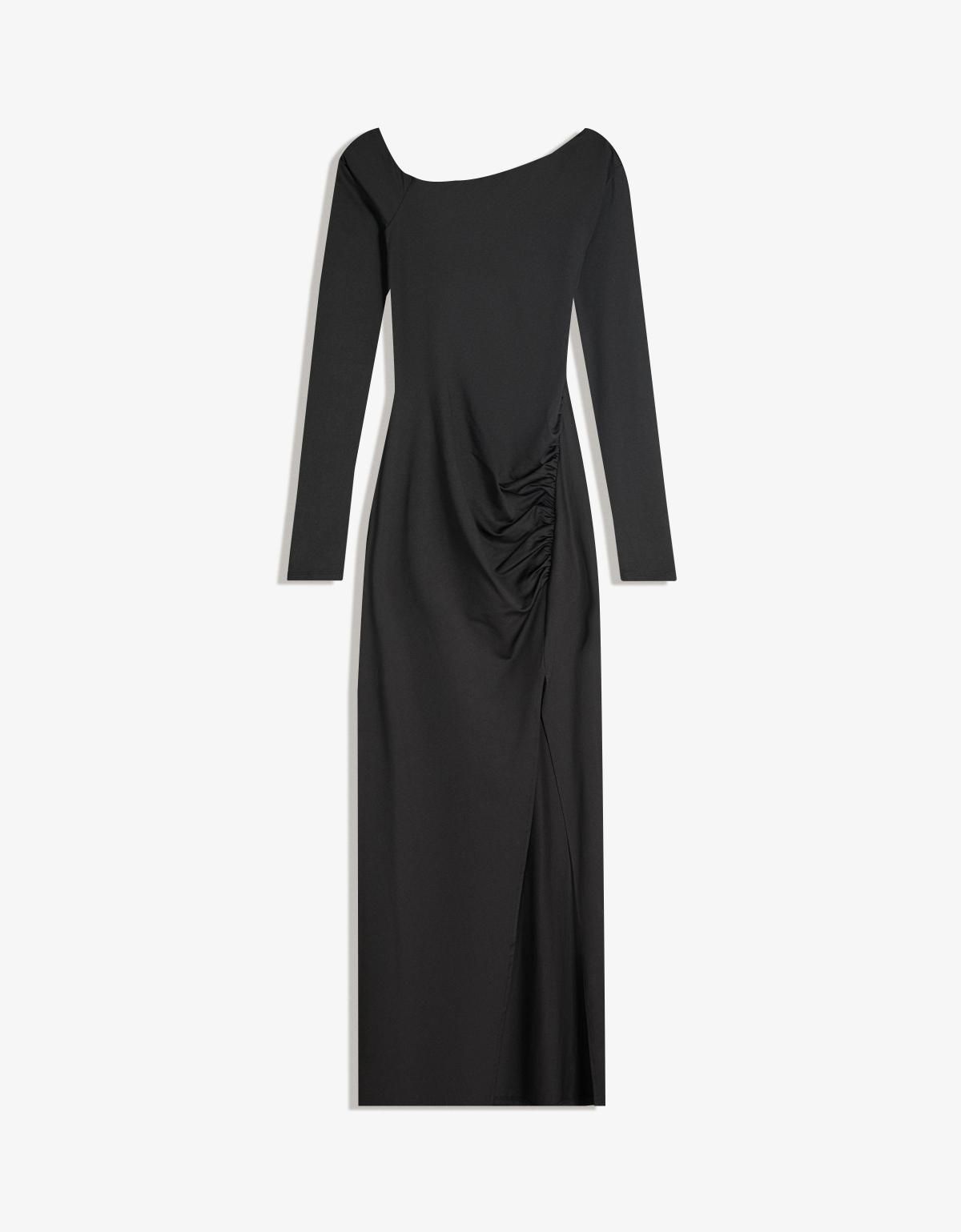 버쉬카 비대칭 슬림핏 롱슬리브 미디 원피스 5599/360 BLACK - 상품 이미지