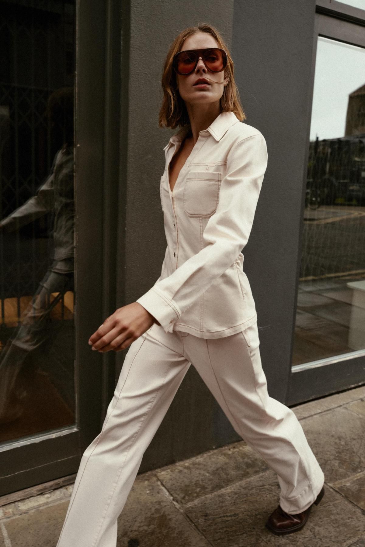 자라 데님 슬림핏 브이넥 셔츠 8512/622 ECRU - 상세 이미지 5