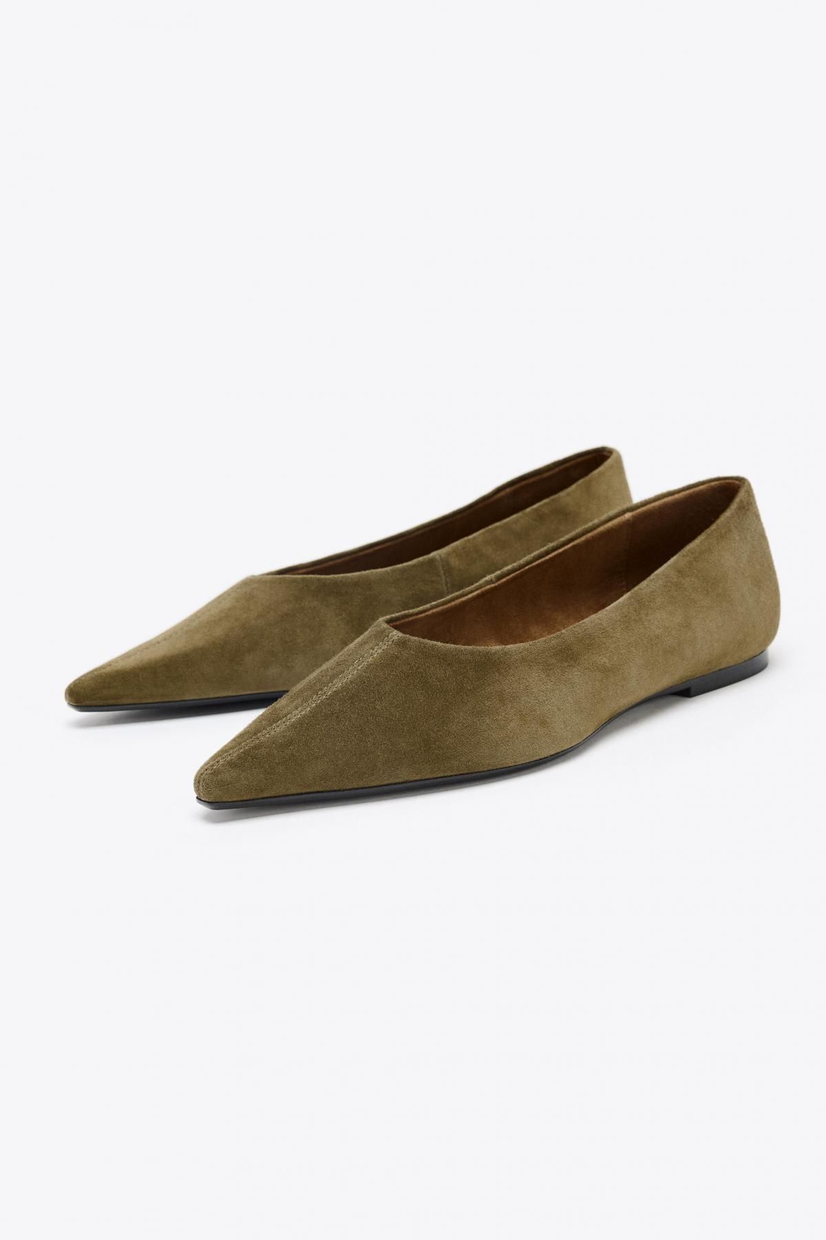 자라 포인티드 스플릿 스웨이드 발레리나 플랫슈즈 1521/610 OLIVE GREEN - 상세 이미지 3