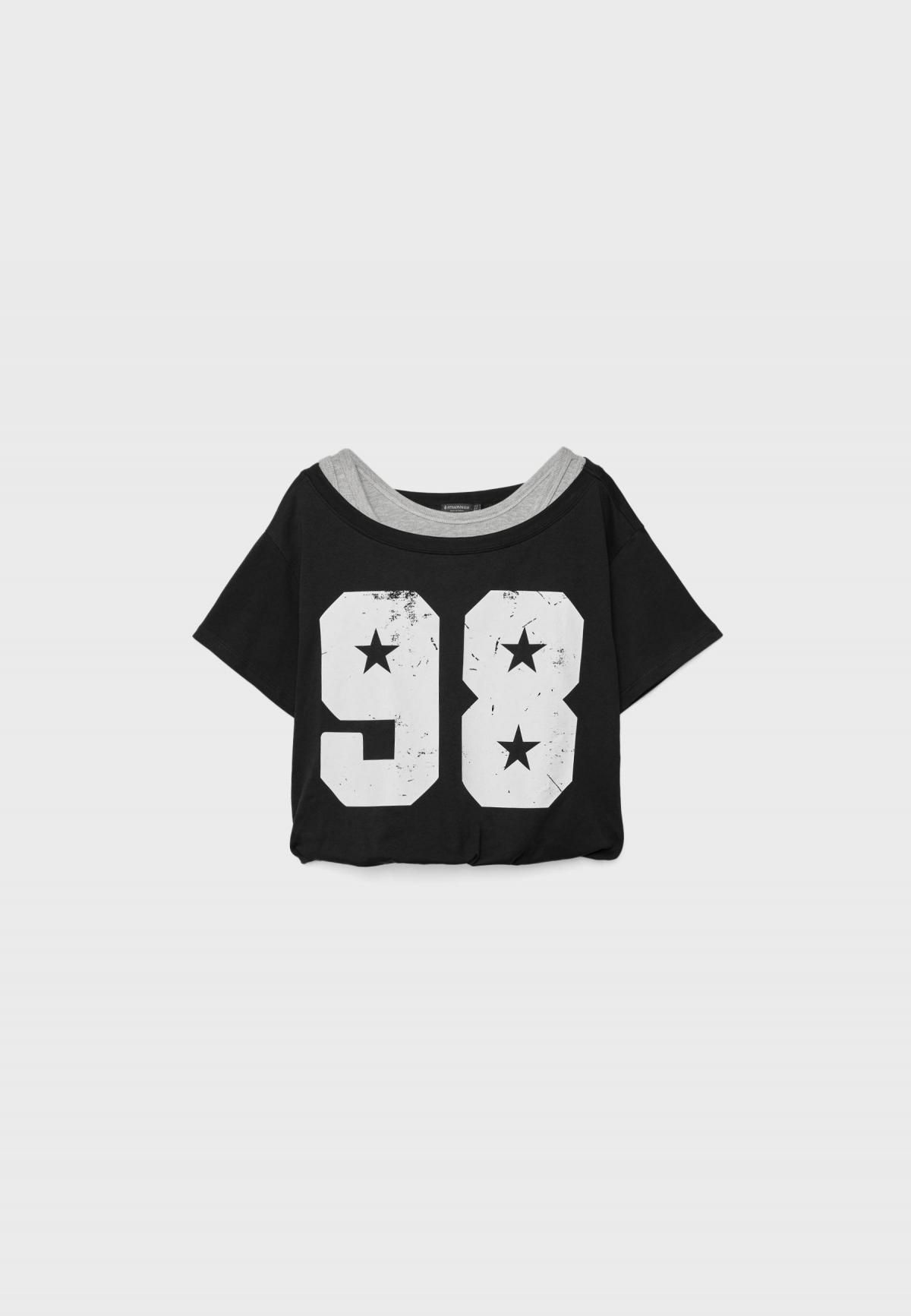 스트라디바리우스 스트릿 투웨이 레이어드 퍼프 반팔 티셔츠 8714/539 BLACK - 상품 이미지