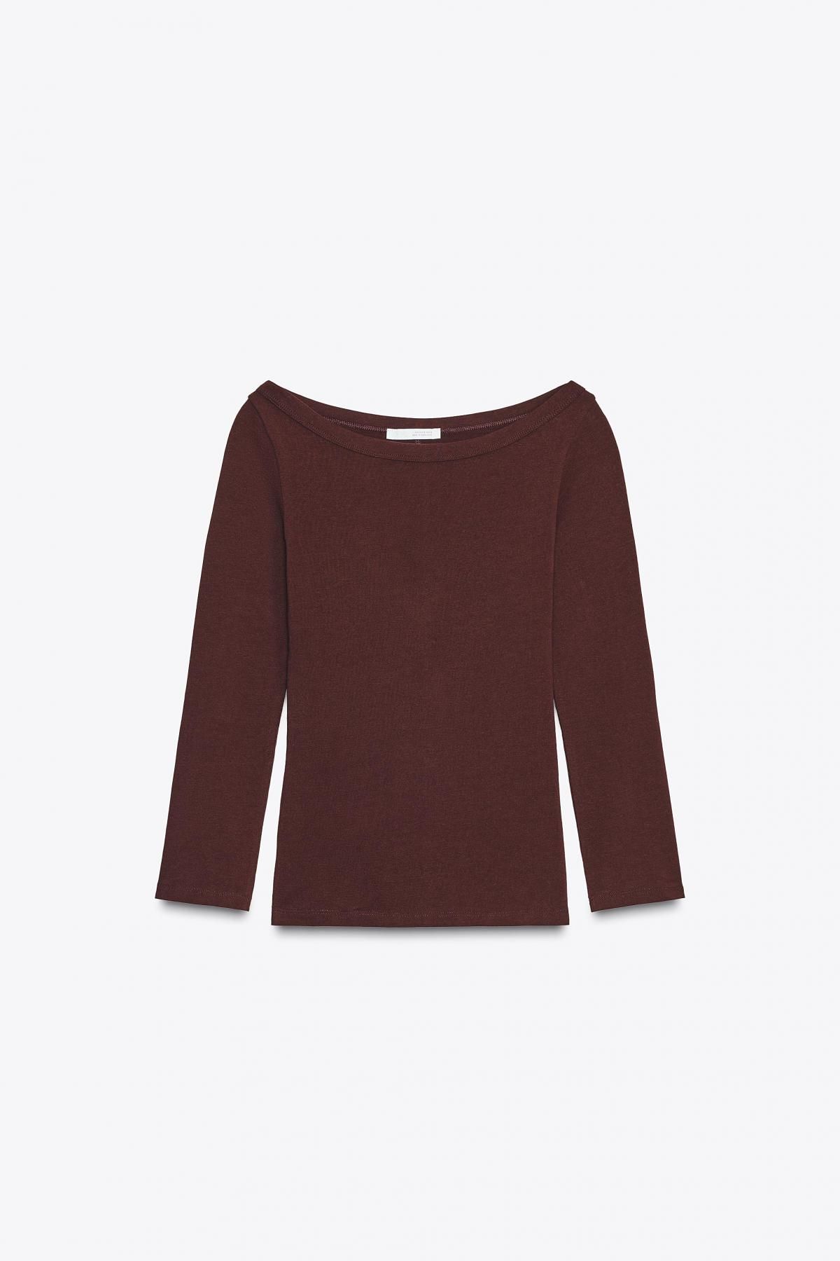 자라 슬림핏 보트넥 브라운 긴팔 티셔츠 4174/829 BURGUNDY - 메인 이미지