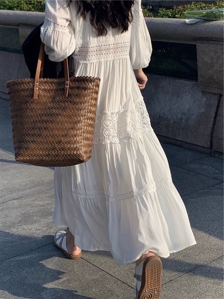 화이트 롱원피스 예쁜 아일렛 여성 펀칭 데일리룩 M 화이트 - 상세 이미지 5