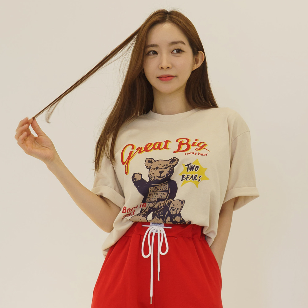 빈티지베어 프린팅 박스 오버핏 통통녀 반팔 티셔츠 제품 이미지