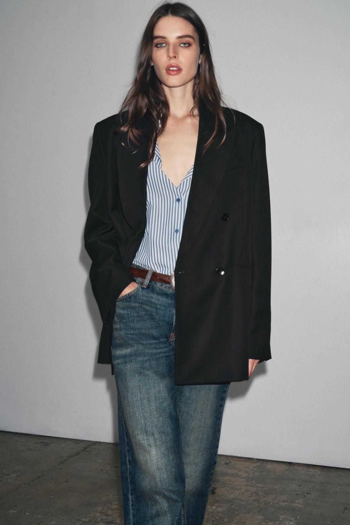 자라 울블렌드 스트라이프 더블브레스트 블랙 블레이저 8375/009 BLACK - 상세 이미지 2