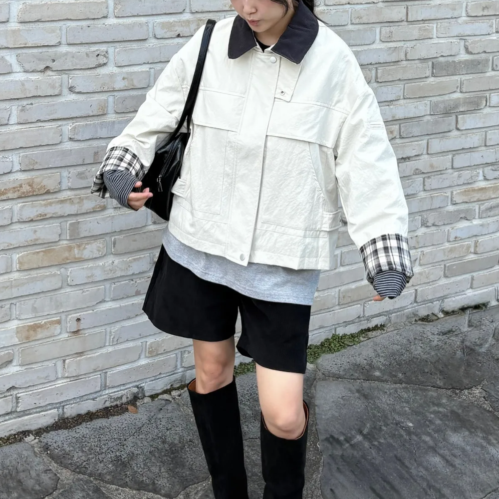 여성가을자켓 체크 배색 루즈핏 야상 코듀로이 워크자켓