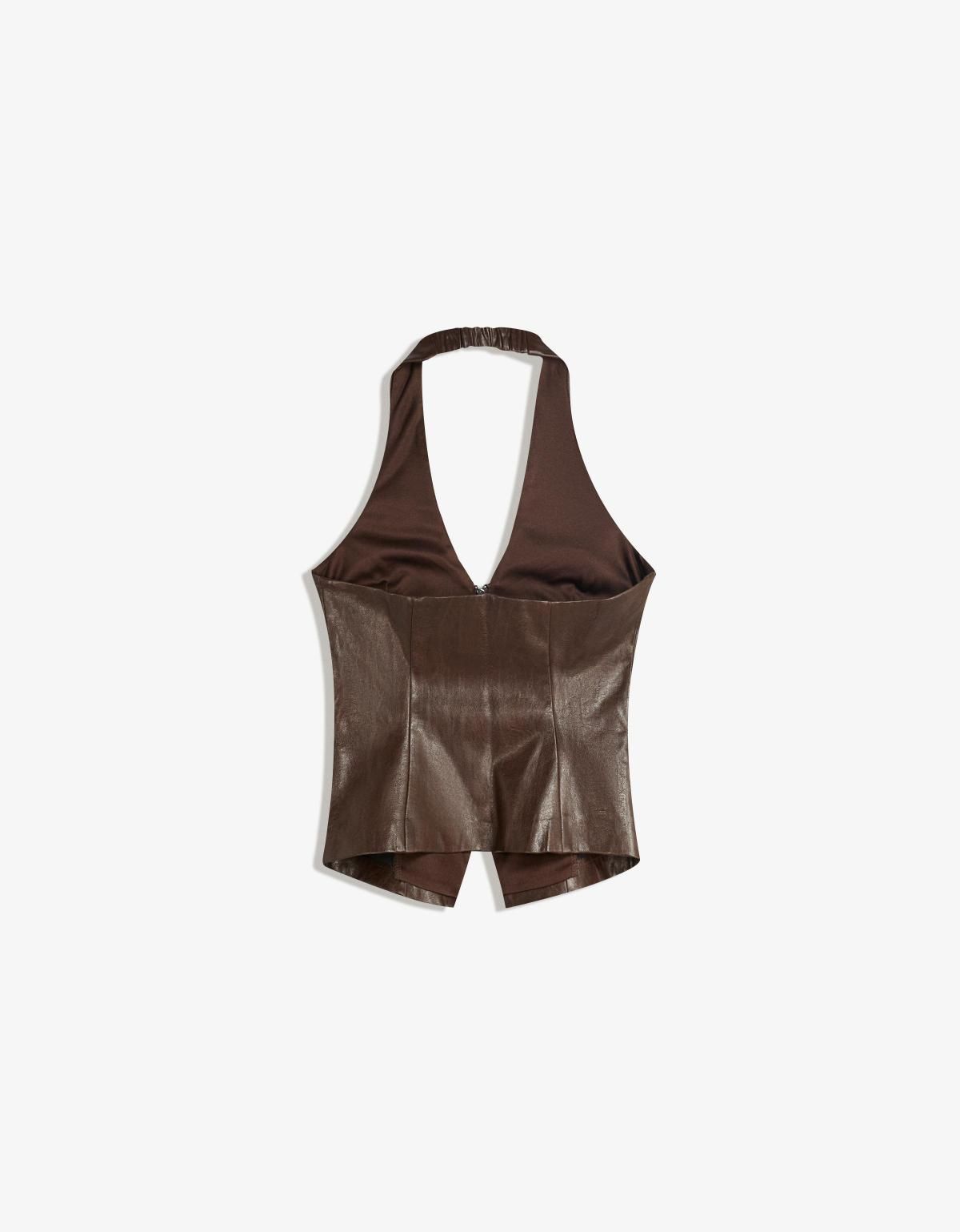 버쉬카 레더 이펙트 홀터넥 집업 민소매 탑 8812/710 BROWN - 상세 이미지 5