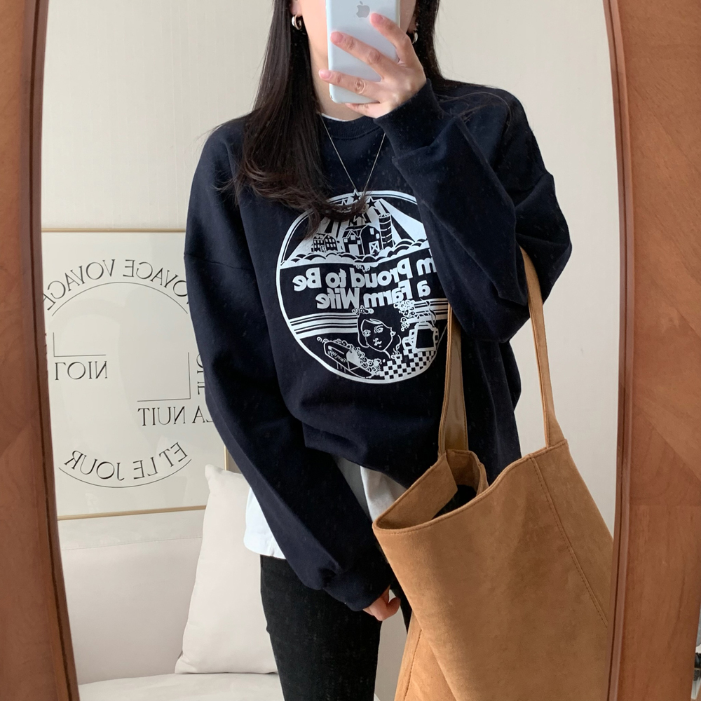 캐주얼 오버핏 팜 와이프 프린팅 레터링 티셔츠 여성 맨투맨 박스티 여자 가을 티셔츠 코튼 - 상세 이미지 2