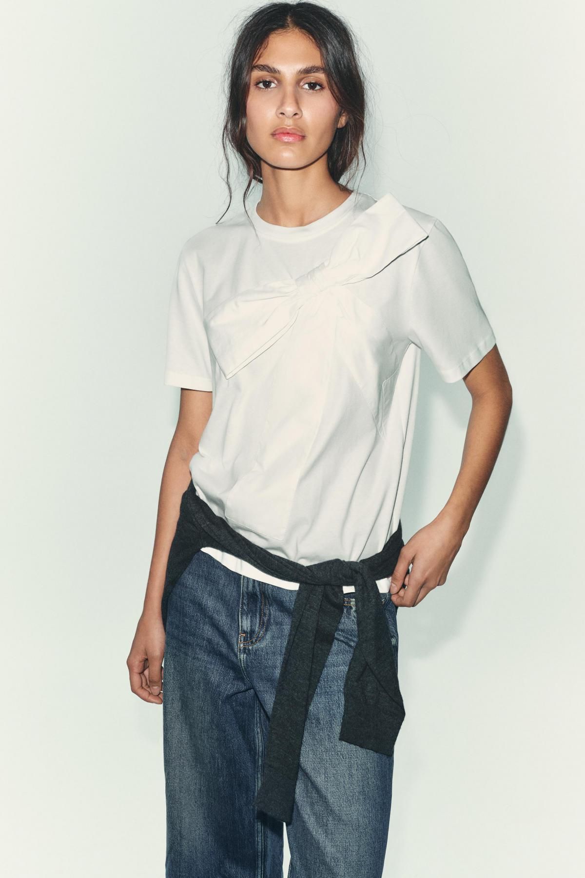 자라 프론트 리본 라운드넥 반팔 티셔츠 1165/837 WHITE - 상세 이미지 3