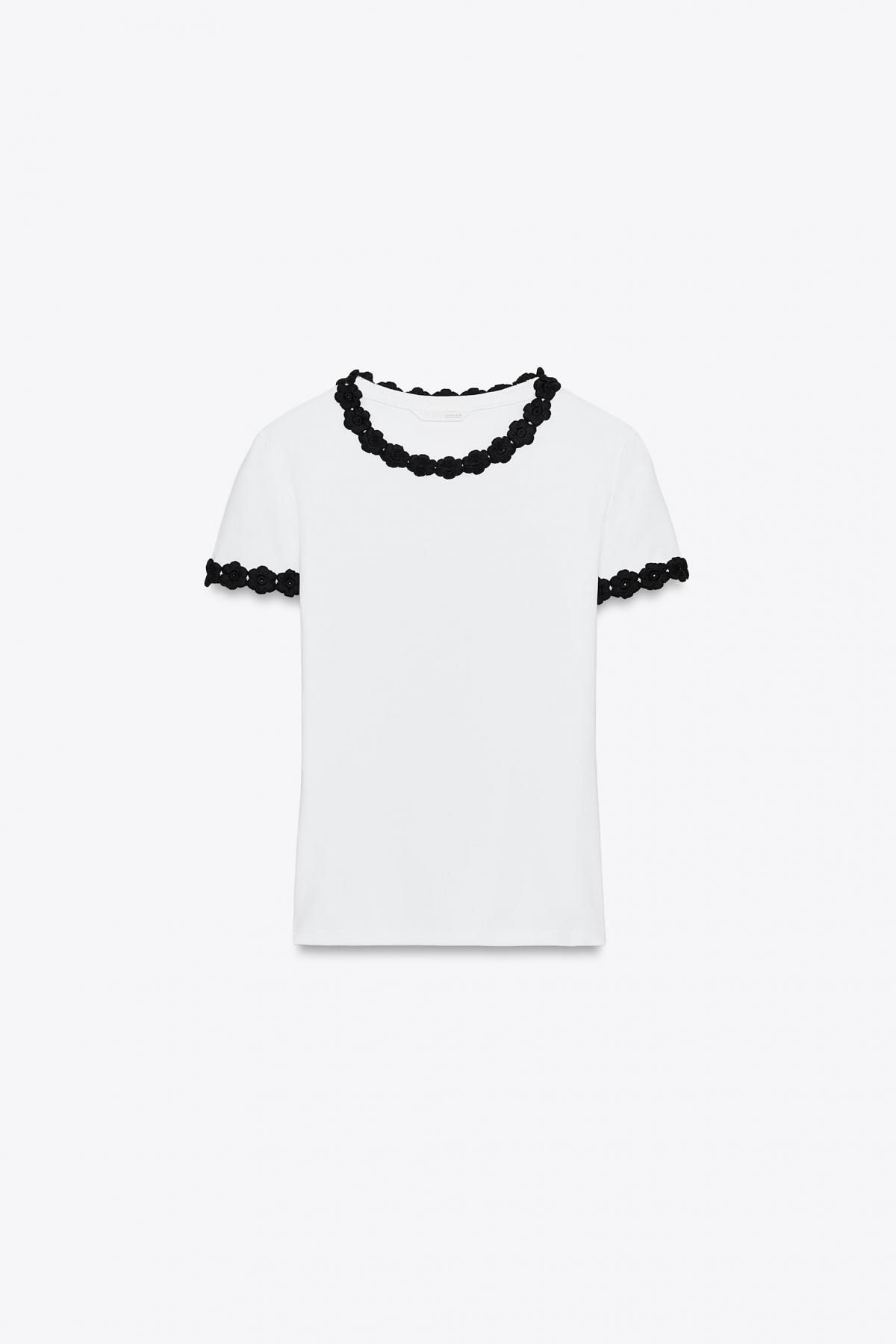 자라 플라워 디테일 슬림핏 라운드넥 반팔 티셔츠 5644/863 WHITE - 메인 이미지