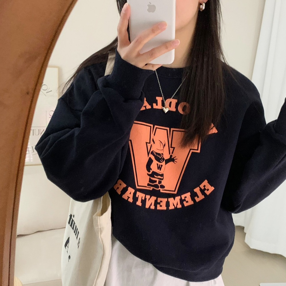 캐주얼 오버핏 더블유 프린팅 레터링 티셔츠 여성 맨투맨 박스티 여자 가을 티셔츠 코튼 - 상품 이미지