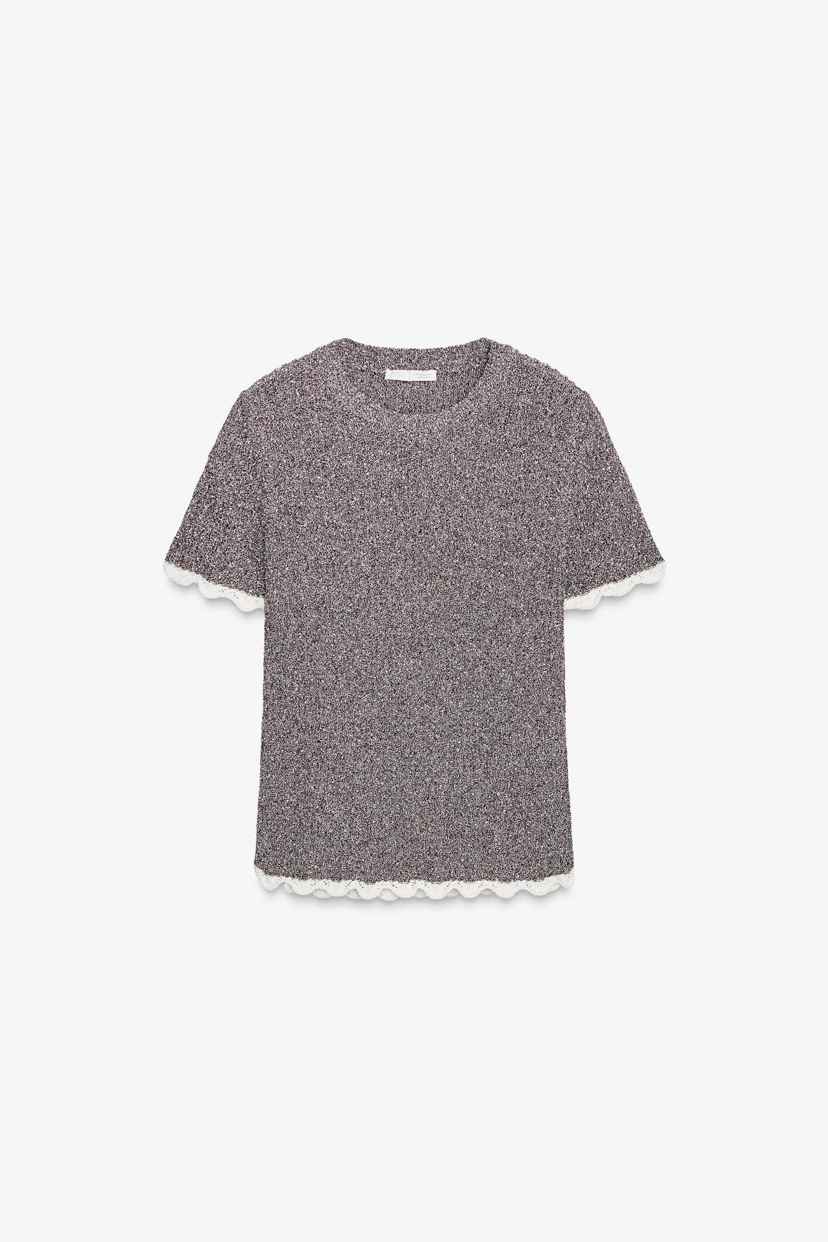 자라 배색 테크니컬 라운드넥 니트 반팔 티셔츠 8779/630 DARK AUBERGINE - 상품 이미지