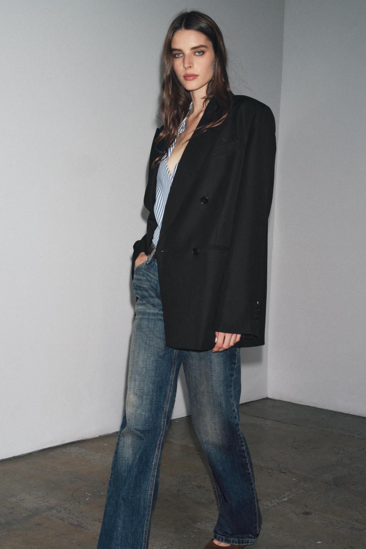 자라 울블렌드 스트라이프 더블브레스트 블랙 블레이저 8375/009 BLACK - 상세 이미지 4