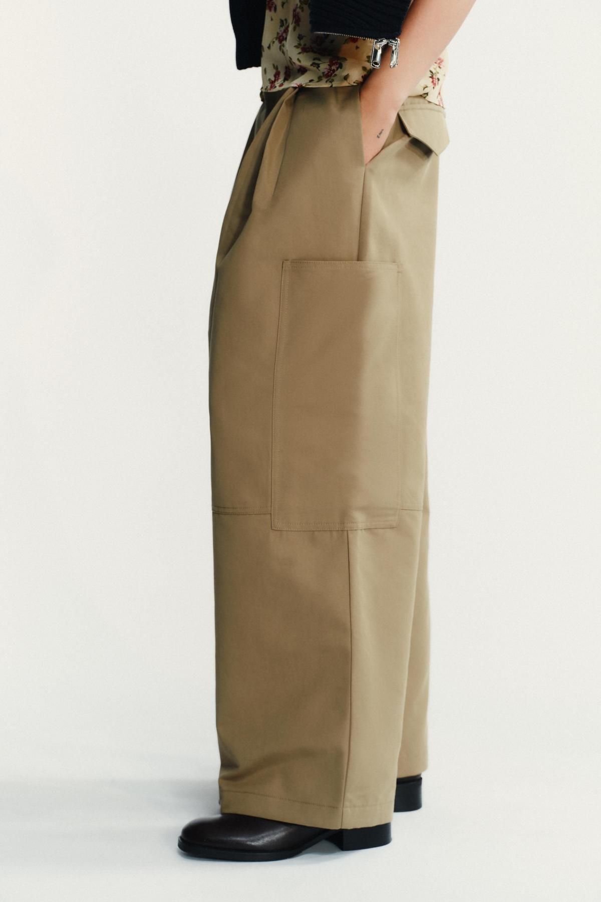 자라 미드웨이스트 와이드 카고 플리츠 팬츠 4391/532 LIGHT KHAKI - 상세 이미지 5