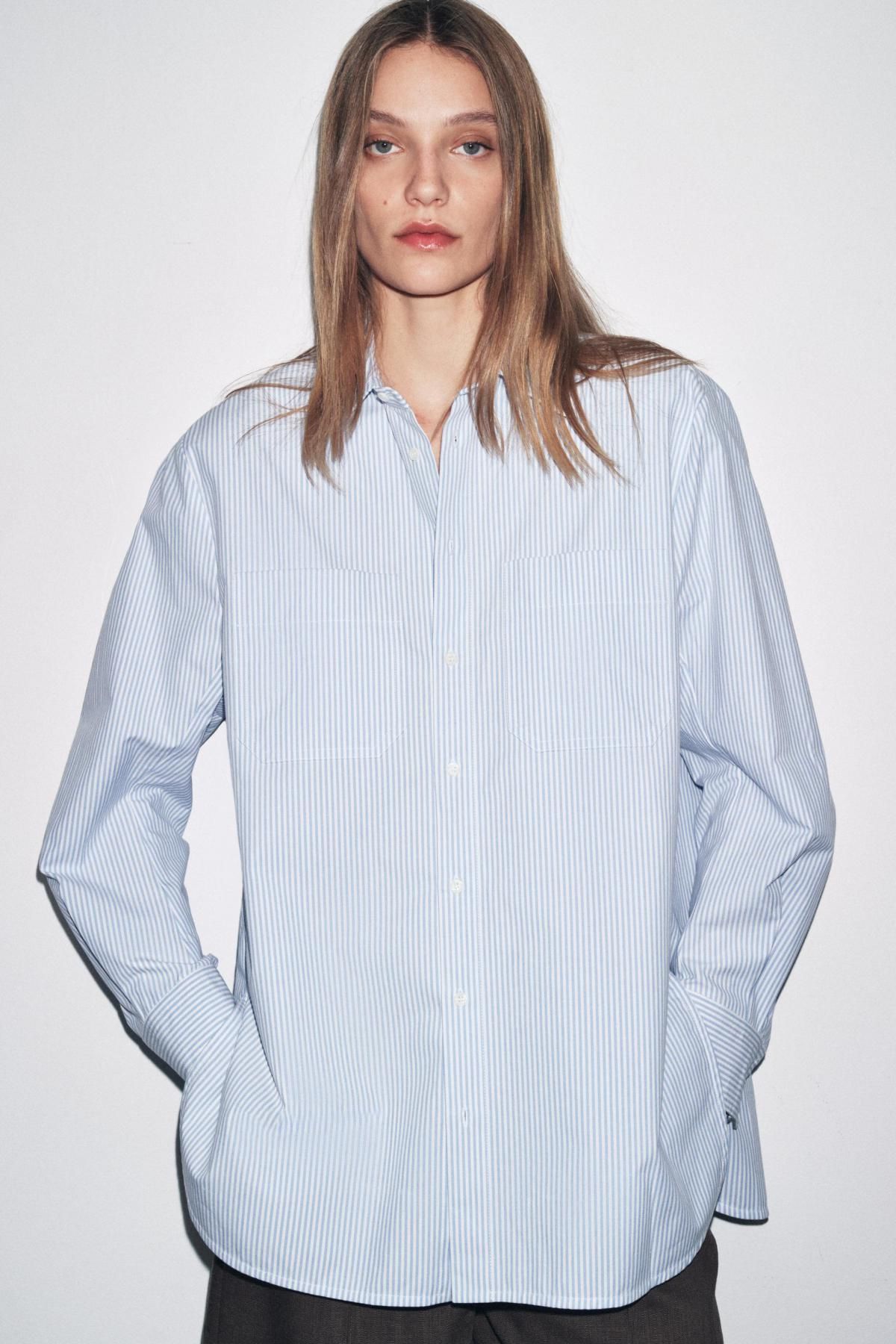 자라 오버핏 스트라이프 코튼 포켓 긴팔 셔츠 8396/350 STRIPED - 상세 이미지 5