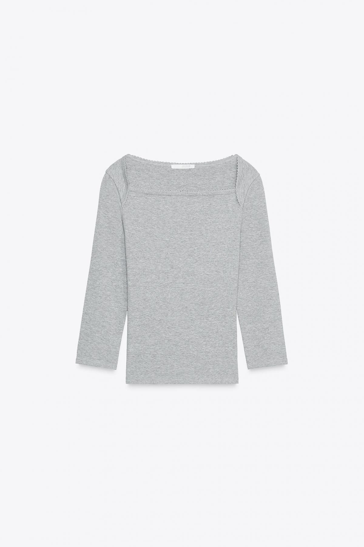 자라 라이트그레이 스퀘어넥 코튼모달 긴팔 티셔츠 4424/818 GREY MARL - 메인 이미지