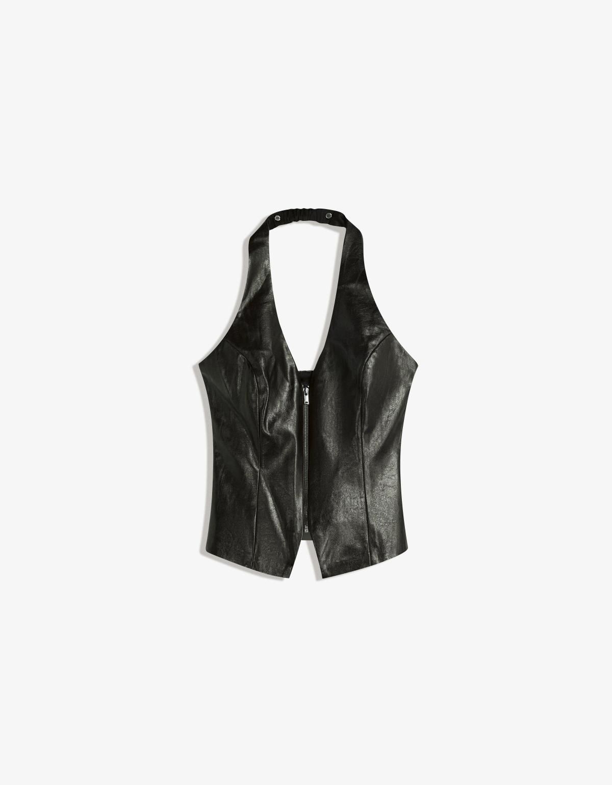 버쉬카 페이크 레더 집업 홀터넥 탑 8812/710 BLACK - 상품 이미지