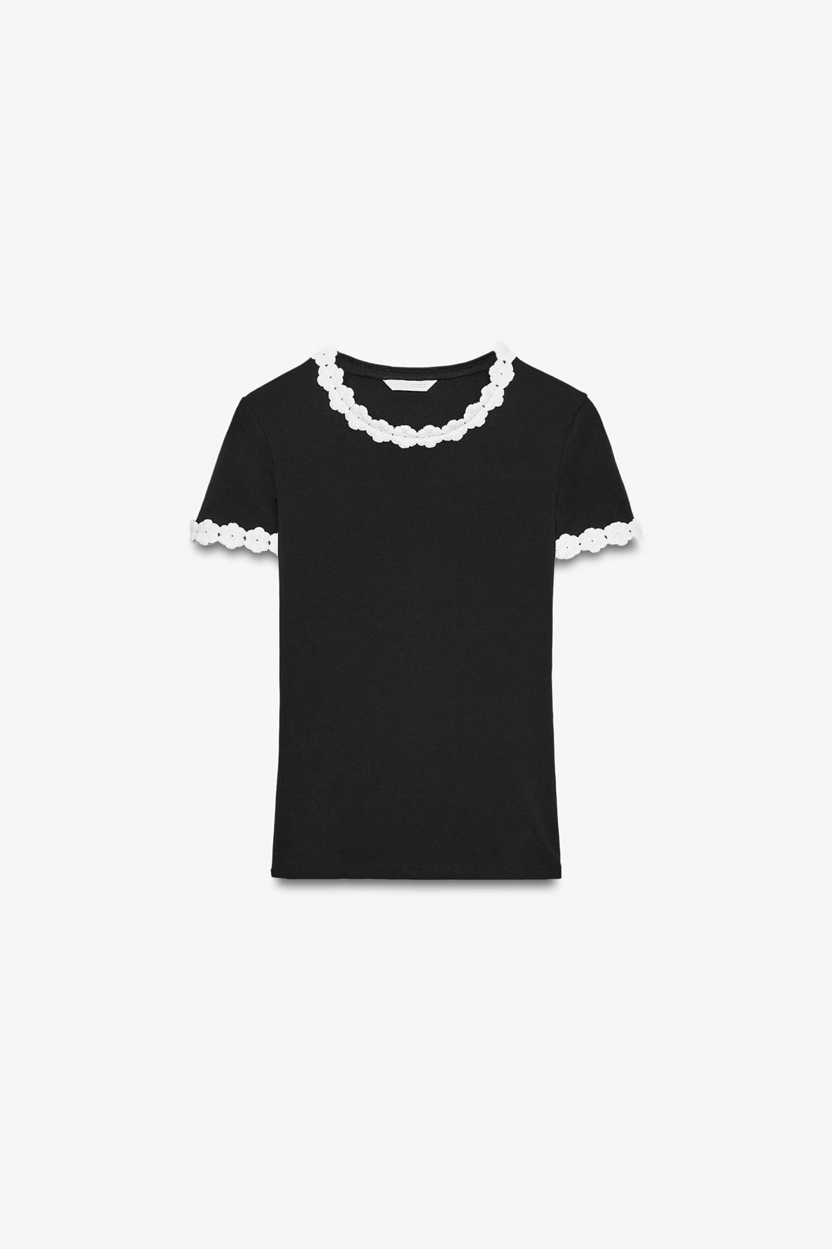 자라 플라워 디테일 슬림핏 라운드넥 반팔 티셔츠 5644/863 BLACK - 메인 이미지