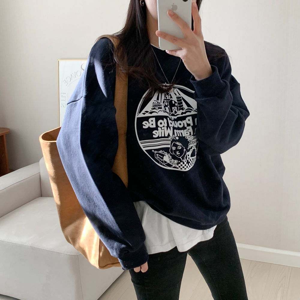 캐주얼 오버핏 팜 와이프 프린팅 레터링 티셔츠 여성 맨투맨 박스티 여자 가을 티셔츠 코튼 - 상품 이미지