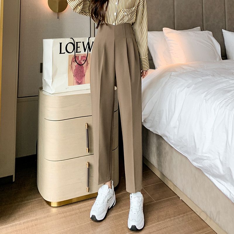 여성 하이웨스트 캐주얼 팬츠 스트레이트 슬랙스 봄 여름용 편안한 착용감 데일리룩 시가렛핏 트렌디한 스타일링 9부 바지 - 상세 이미지 4