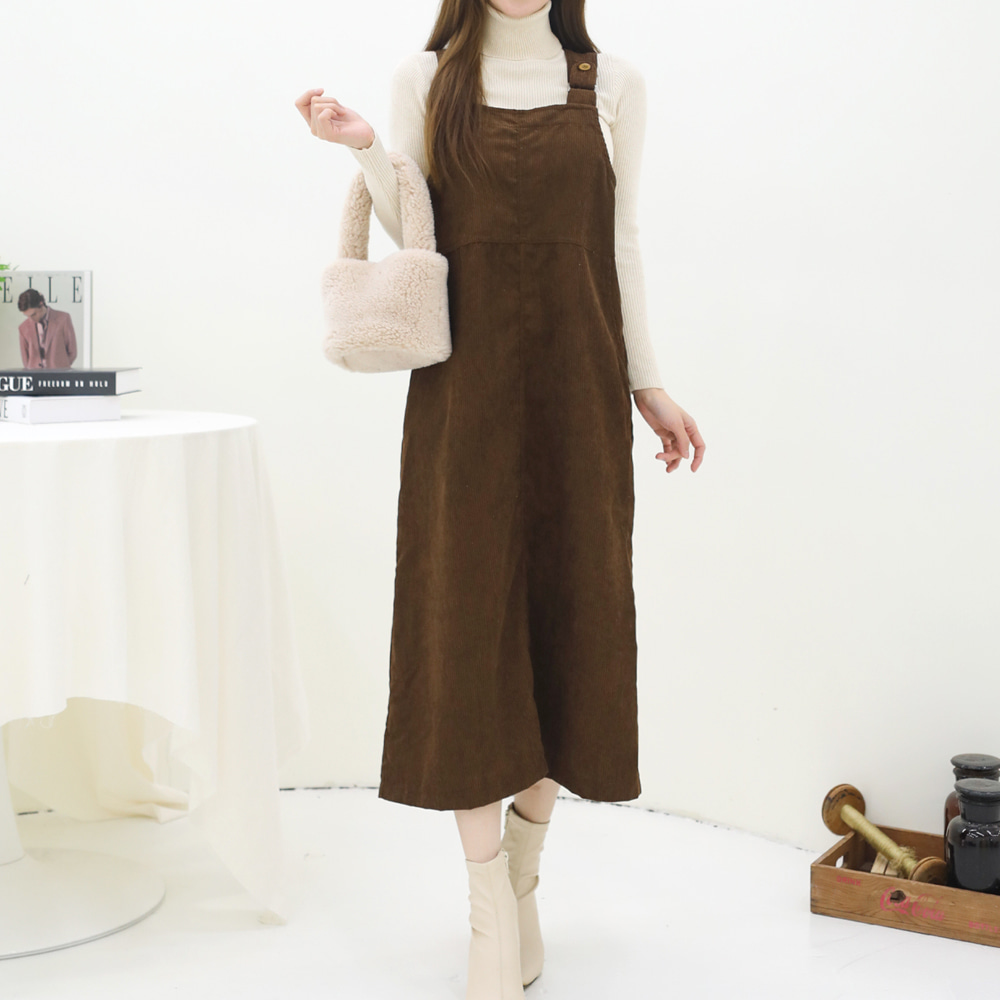 코듀로이 버튼 절개 H라인 루즈핏 롱 멜빵원피스 골덴 뷔스티에 스퀘어넥