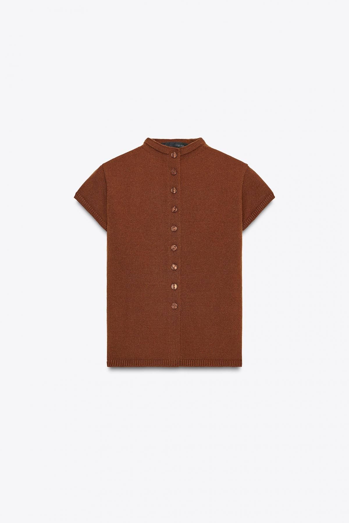 자라 버튼업 라운드넥 브라운 반팔 니트 탑 5536/160 BROWN - 상품 이미지