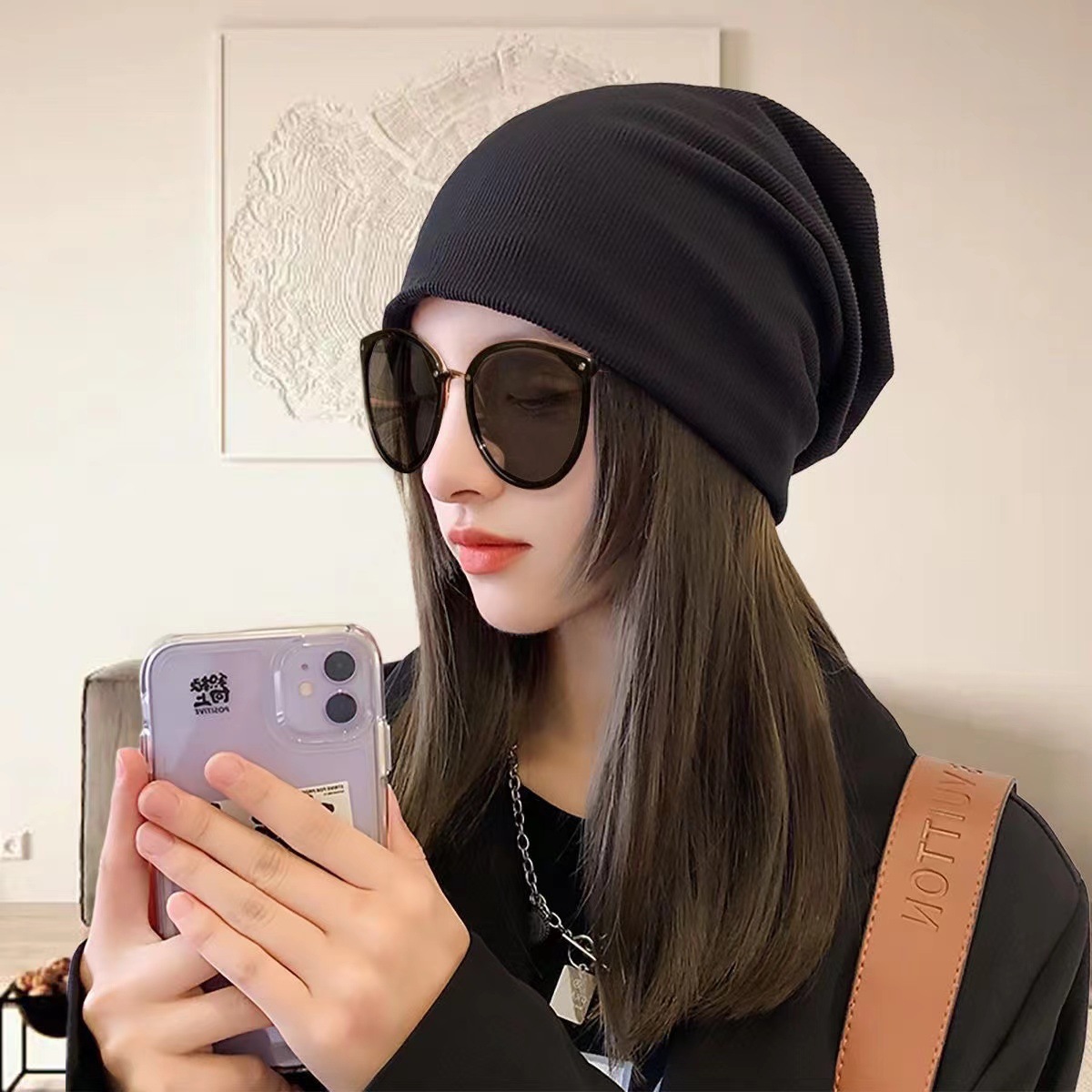 가발달린비니 모자 가발 일체형 패션 통 부분 앞머리 30CM 블랙브라운 가발 블랙모자 - 상세 이미지 4