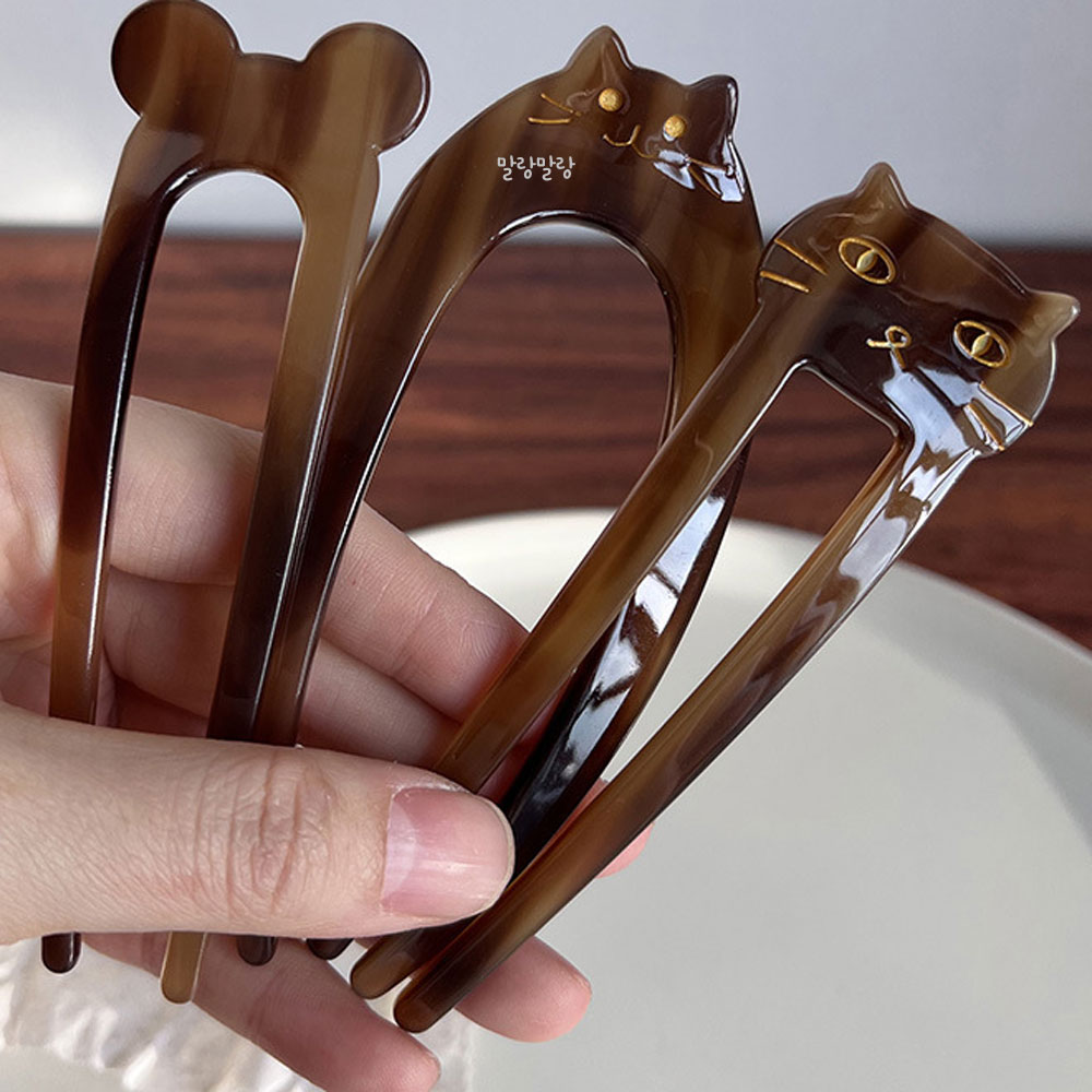 귀여운 고양이 비녀핀 U핀 U자 머리핀 올림머리장식핀 - 상세 이미지 4