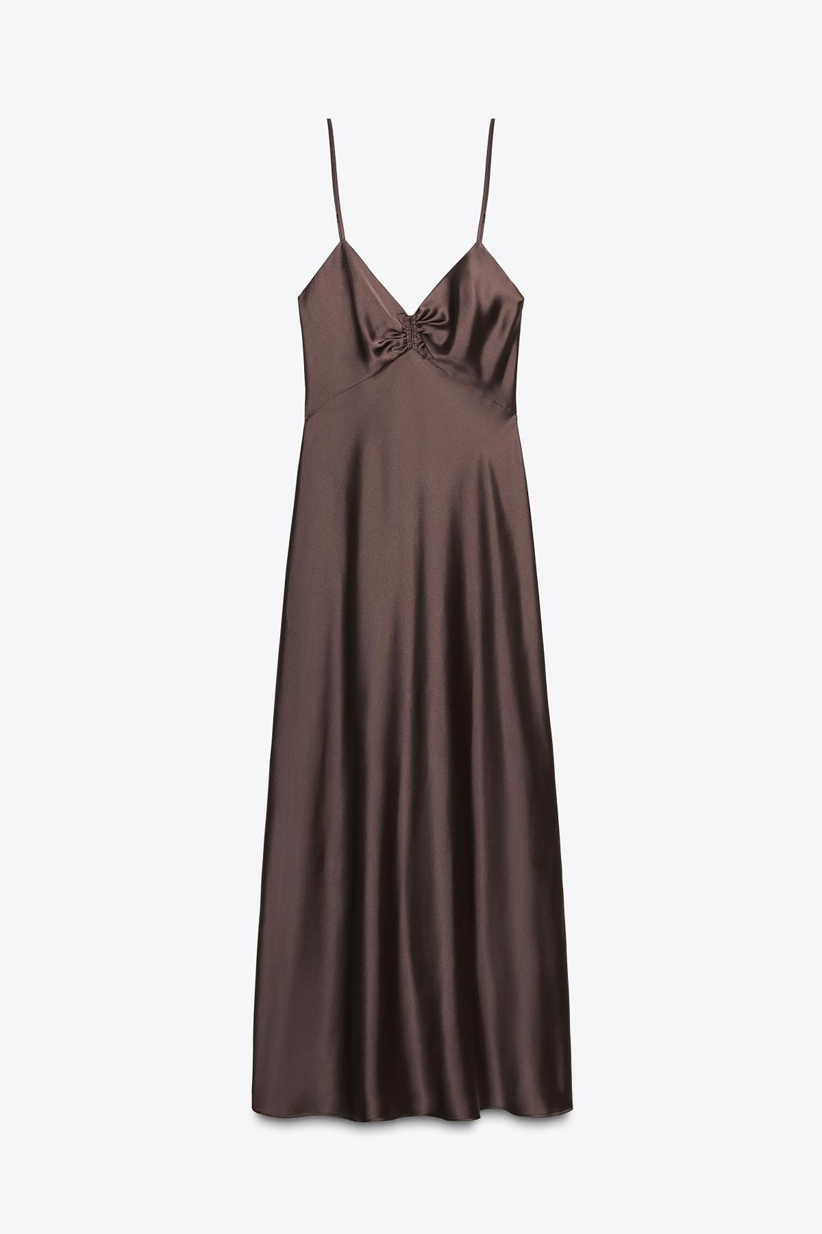자라 새틴 브라운 슬립 V넥 셔링 미디 원피스 8394/331 DARK BROWN - 메인 이미지