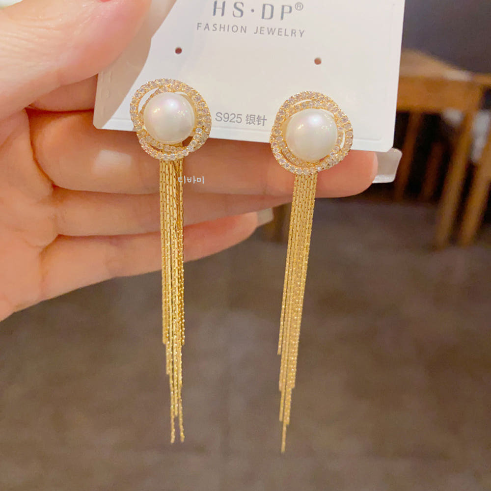 14K 진주 투웨이 귀걸이 슬림 롱 태슬 무알러지 이어링 - 상세 이미지 2