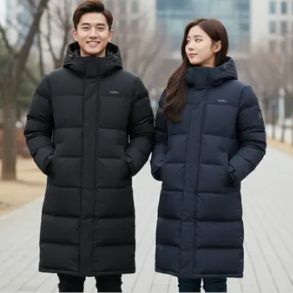 네파 남녀공용 겨울 넥라인 기모 베이직 아웃도어 덕다운 롱패딩 커플다운 점퍼 - 메인 이미지
