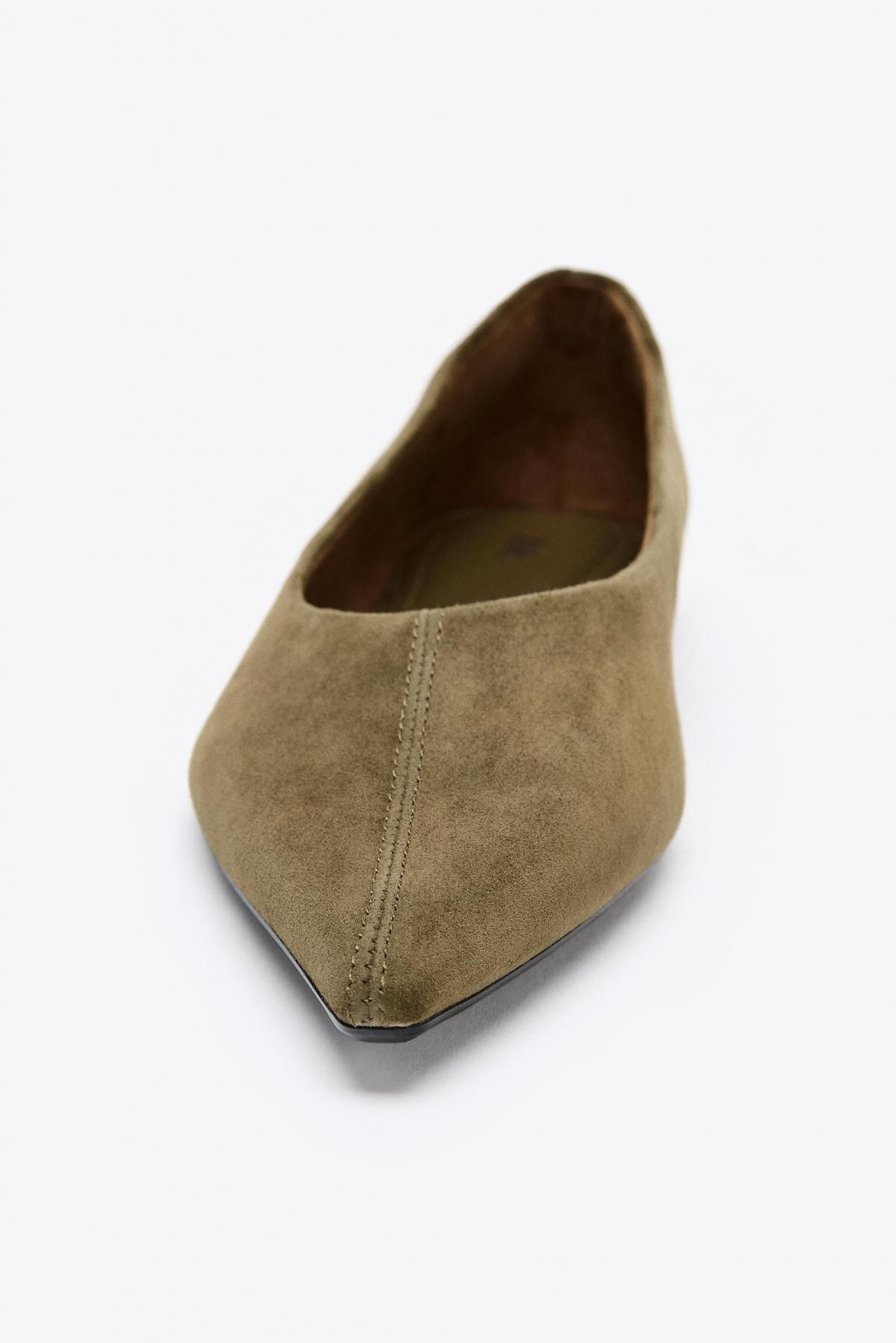 자라 포인티드 스플릿 스웨이드 발레리나 플랫슈즈 1521/610 OLIVE GREEN - 상세 이미지 4