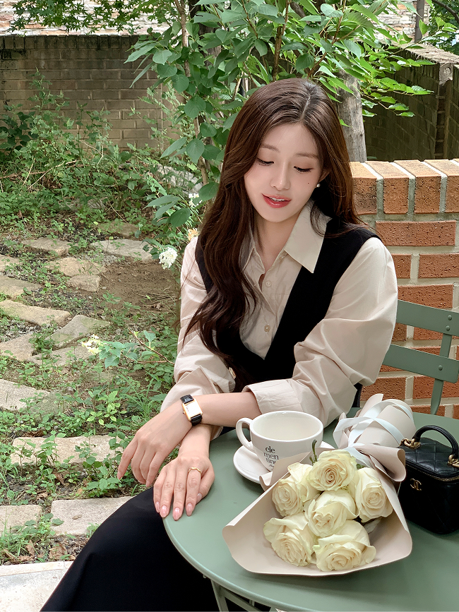 [자체제작] (자체제작) 쫀쫀이 딥 브이넥 플레어 롱 드레스 결혼식 하객룩 op16173 - 상세 이미지 2