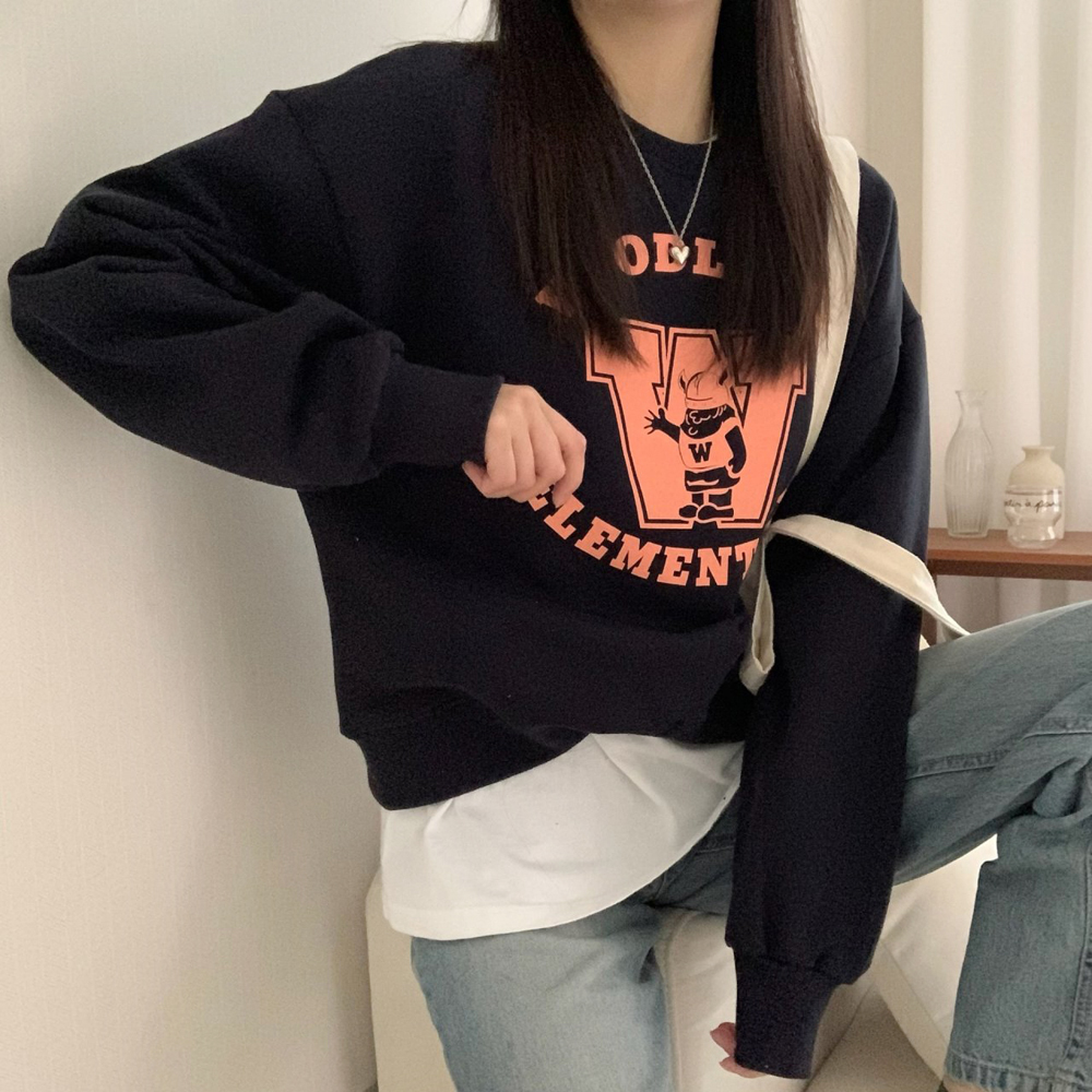 캐주얼 오버핏 더블유 프린팅 레터링 티셔츠 여성 맨투맨 박스티 여자 가을 티셔츠 코튼 - 상세 이미지 3