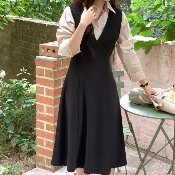 [자체제작] 쫀쫀이 딥 브이넥 플레어 롱 드레스 op16173