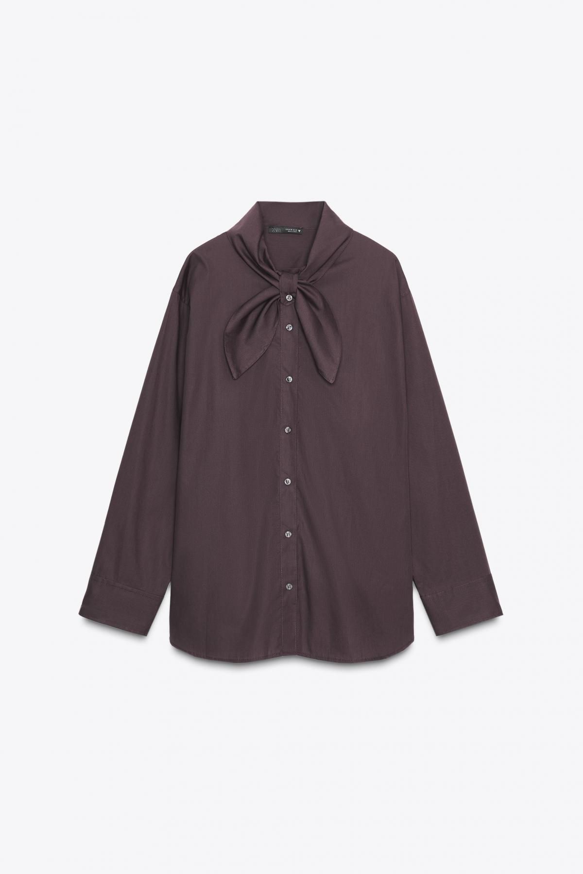 자라 스카프 디테일 포플린 긴팔 셔츠 4661/143 DARK BROWN - 상품 이미지