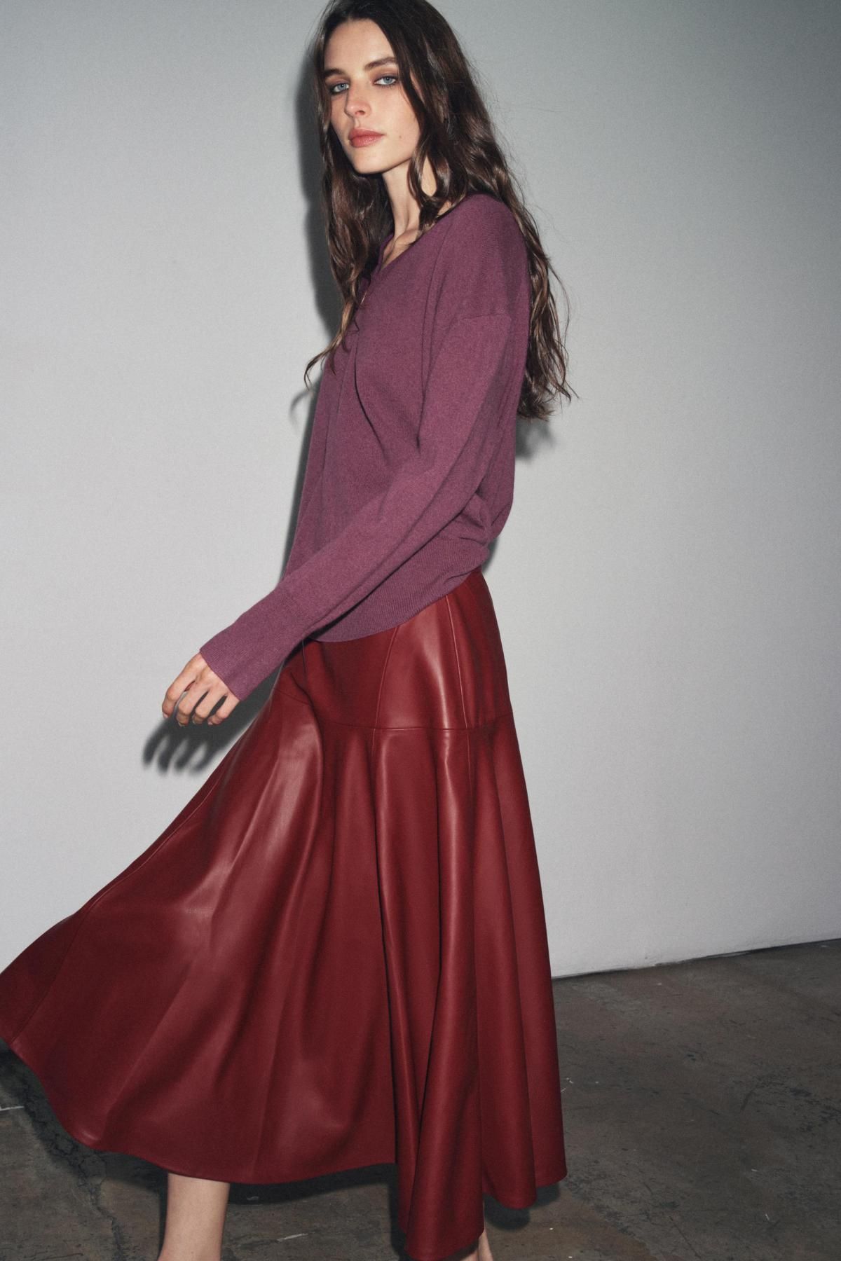 자라 레더 이펙트 A라인 미디 스커트 8500/910 BURGUNDY - 상세 이미지 3