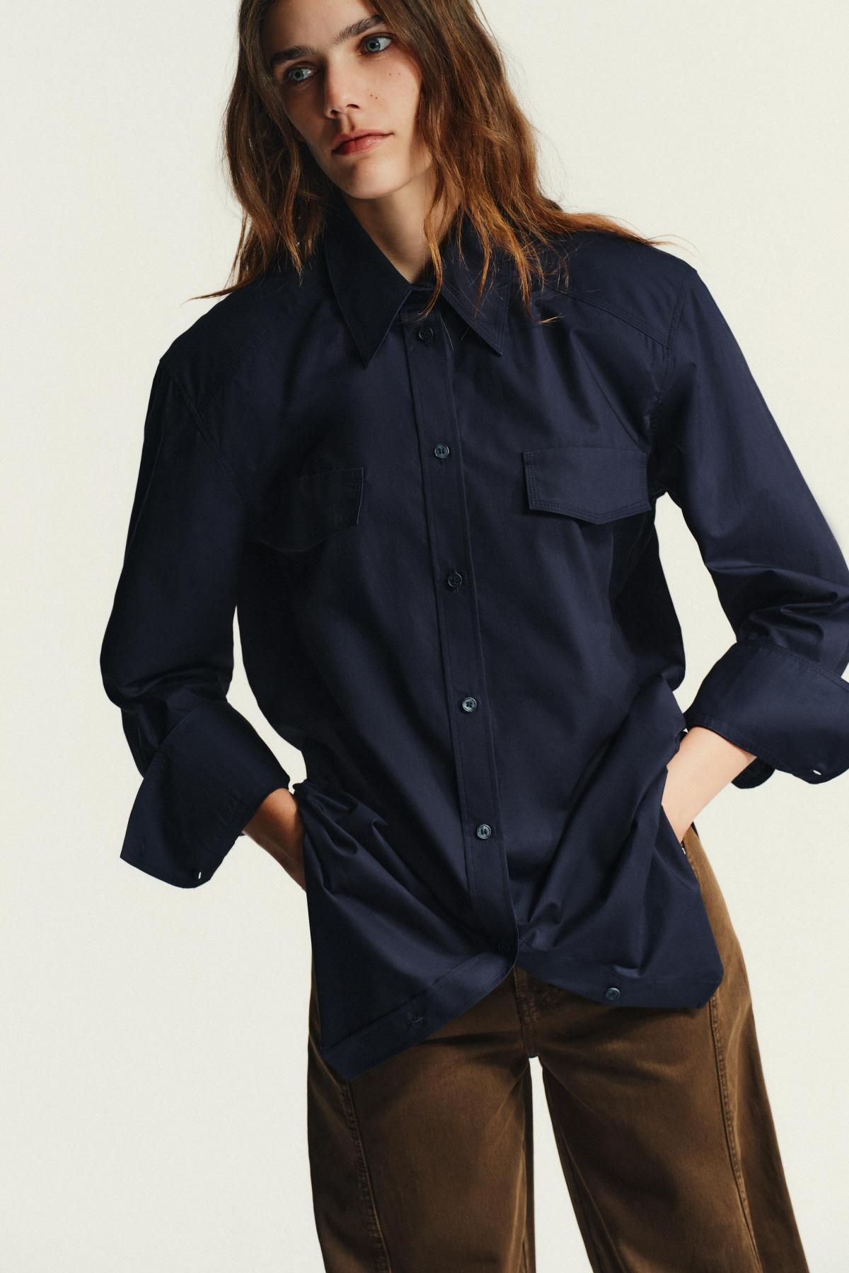 자라 오버핏 테크니컬 포플린 숄더패드 긴팔 셔츠 8626/256 NAVY BLUE - 상세 이미지 5