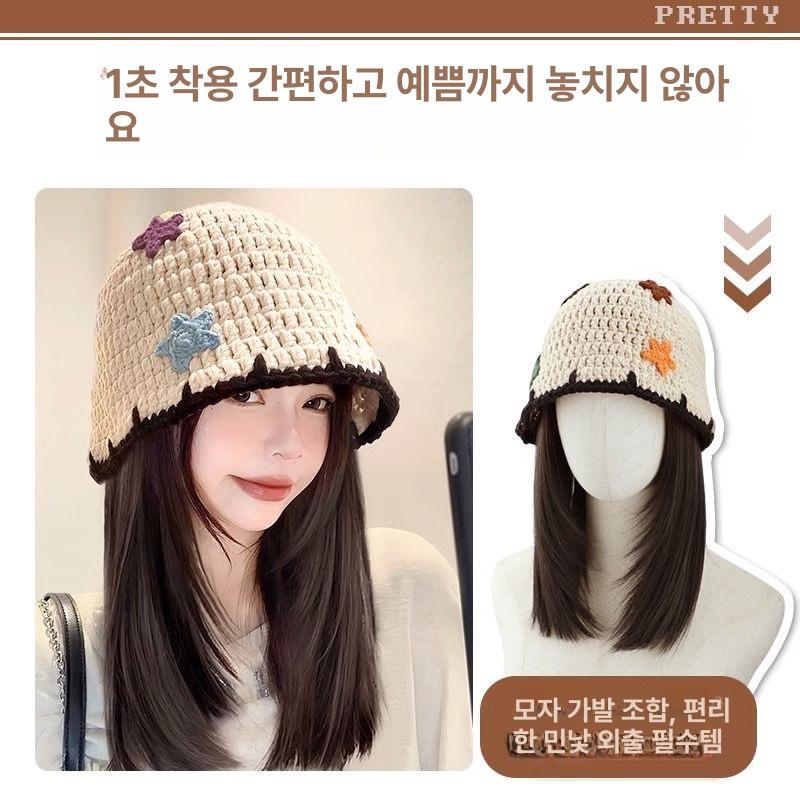 가발달린비니 가발니트모자 여성용 가을 겨울 검정브라운 발망 포함 - 상세 이미지 4