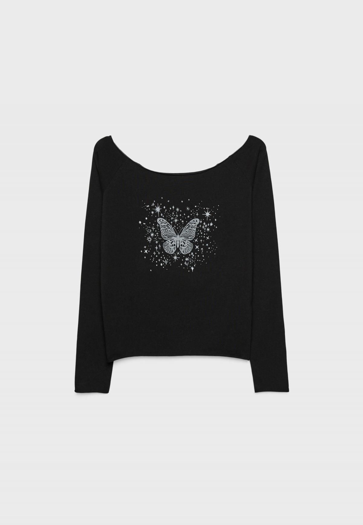 스트라디바리우스 나비 프린트 보트넥 긴팔 티셔츠 8101/655 BLACK - 상품 이미지