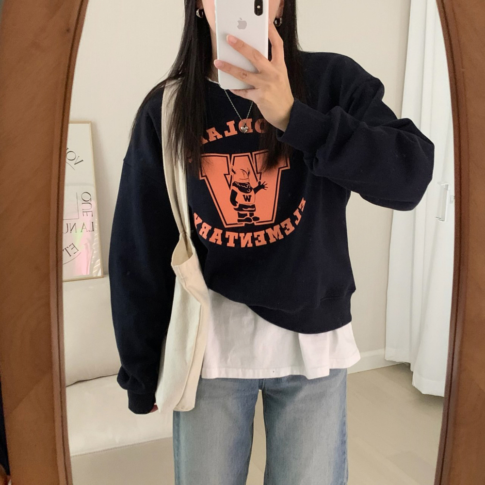 캐주얼 오버핏 더블유 프린팅 레터링 티셔츠 여성 맨투맨 박스티 여자 가을 티셔츠 코튼 - 상세 이미지 2