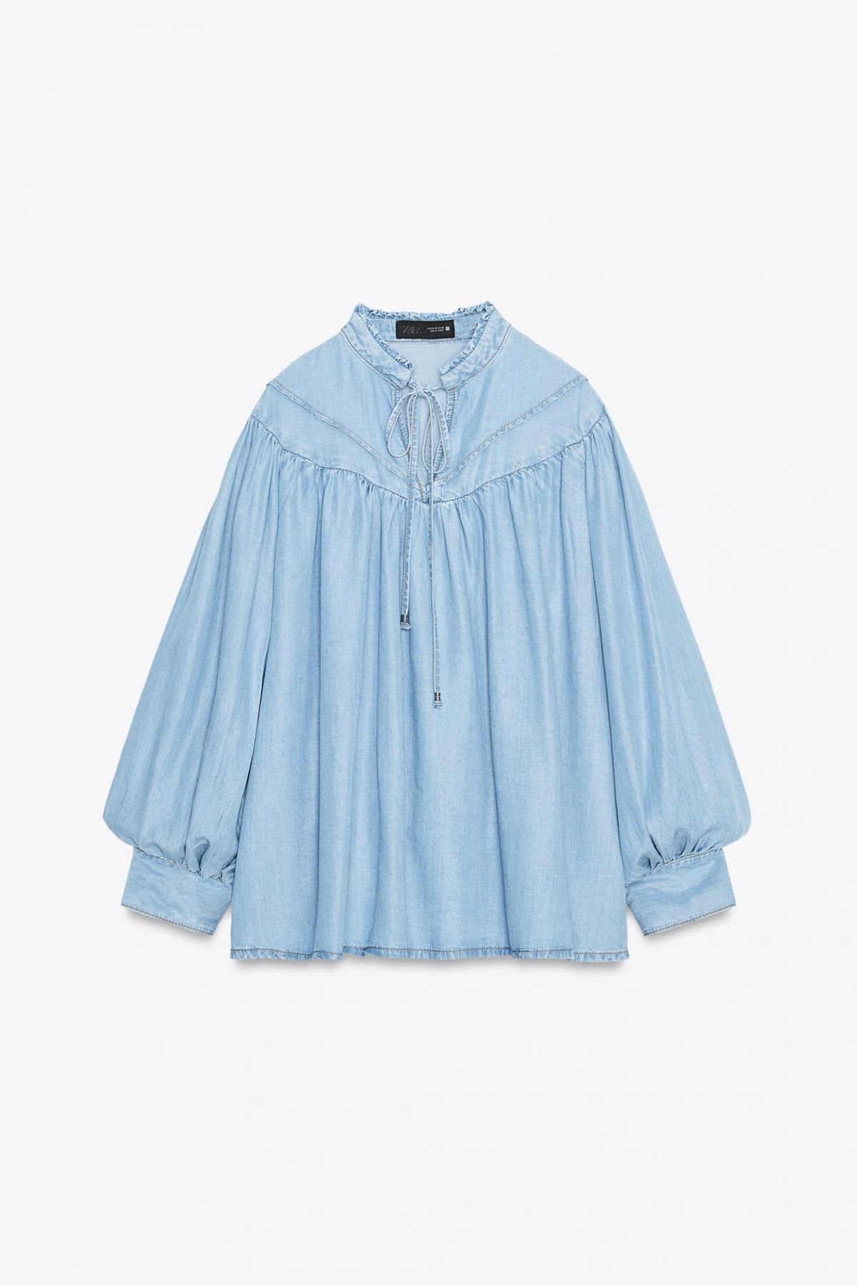 자라 오버사이즈 퍼프소매 브이넥 타이 데님 셔츠 9942/157 MID-BLUE - 메인 이미지
